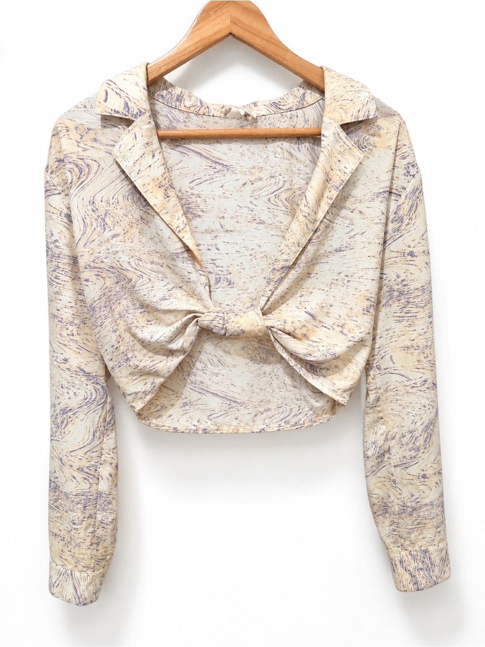 Knotted Front Crop Top Cream Abstract Print | Long Sleeve Collared Blouse